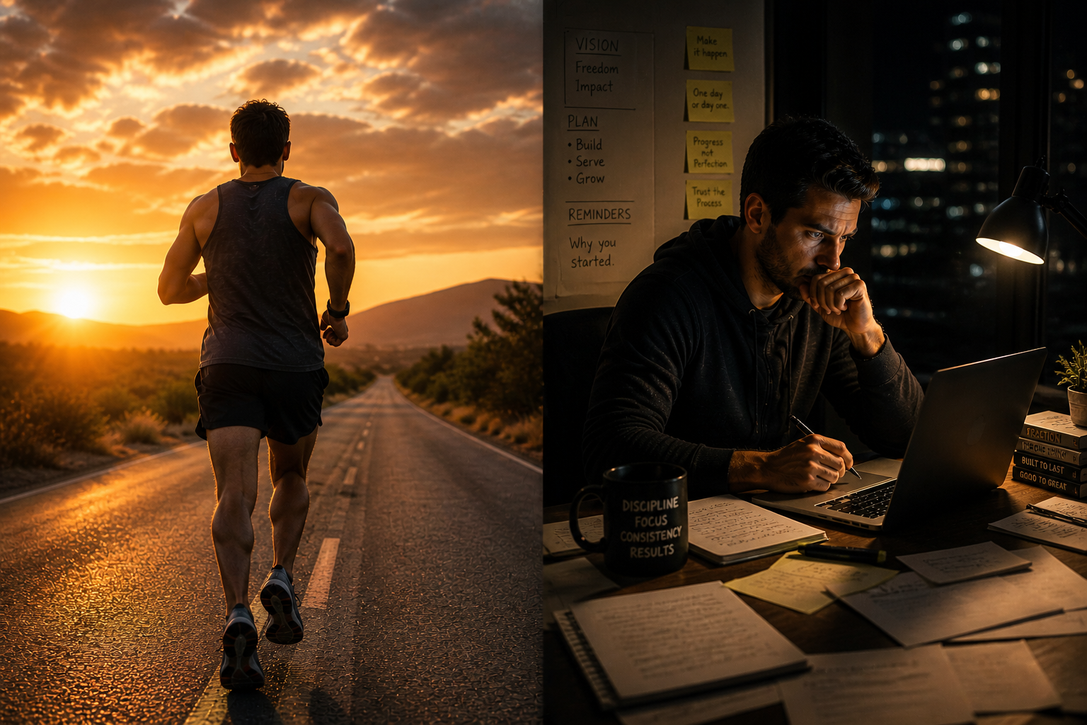 A runner at sunrise beside a desk covered in notes and a mug reading discipline, focus, consistency, results