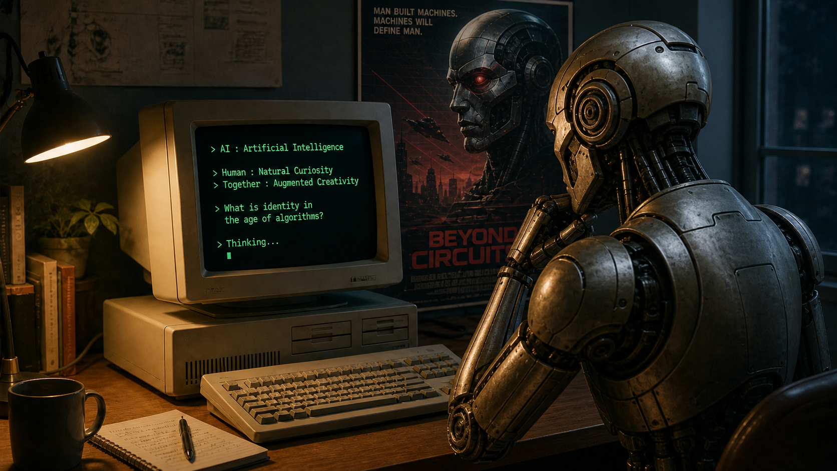 A vintage computer terminal beside a humanoid robot, with a retro sci-fi poster on the wall