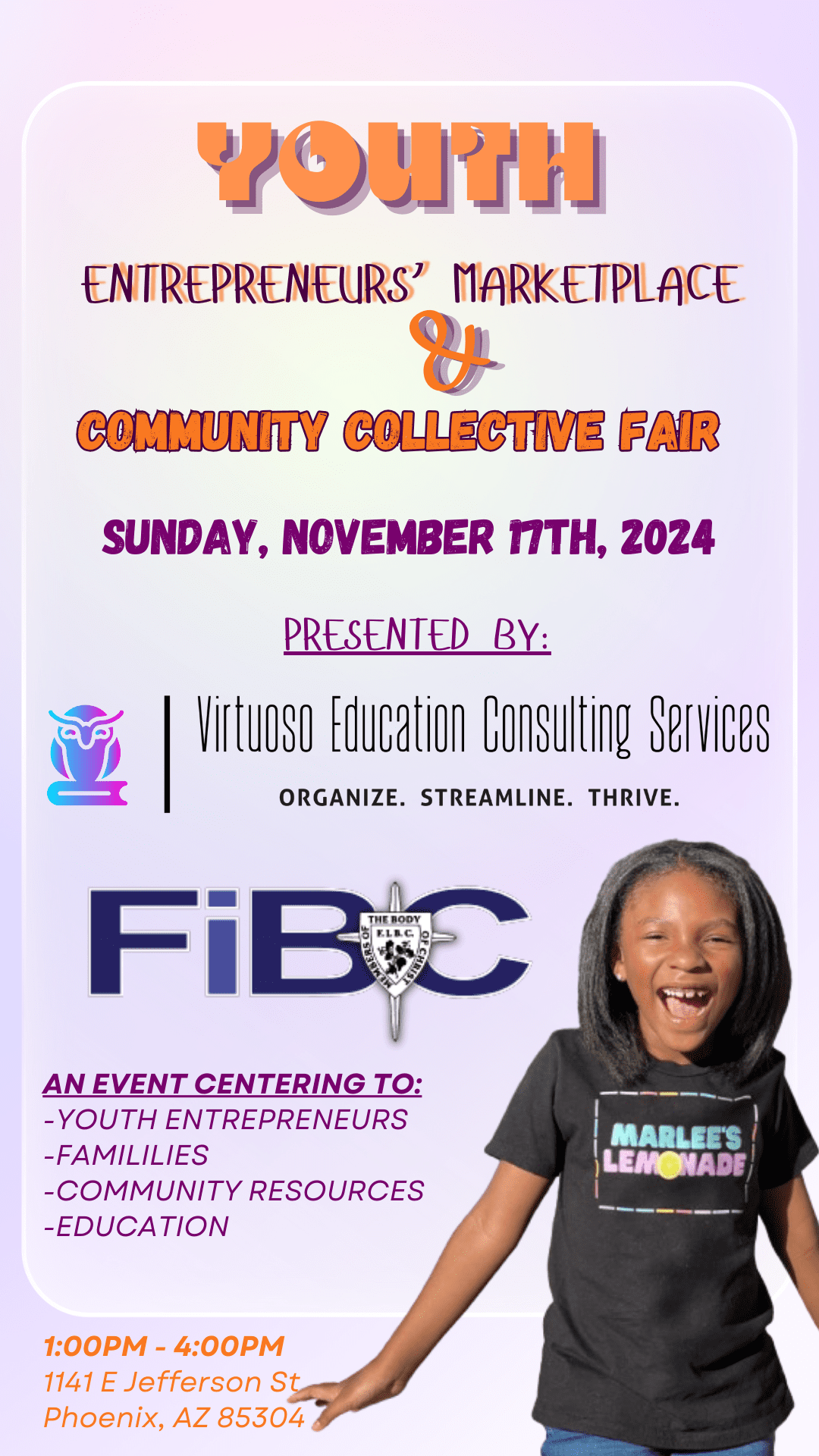 Youth Entrepreneurs' Marketplace and Community Collective Fair event flyer, Sunday November 17th, 2024